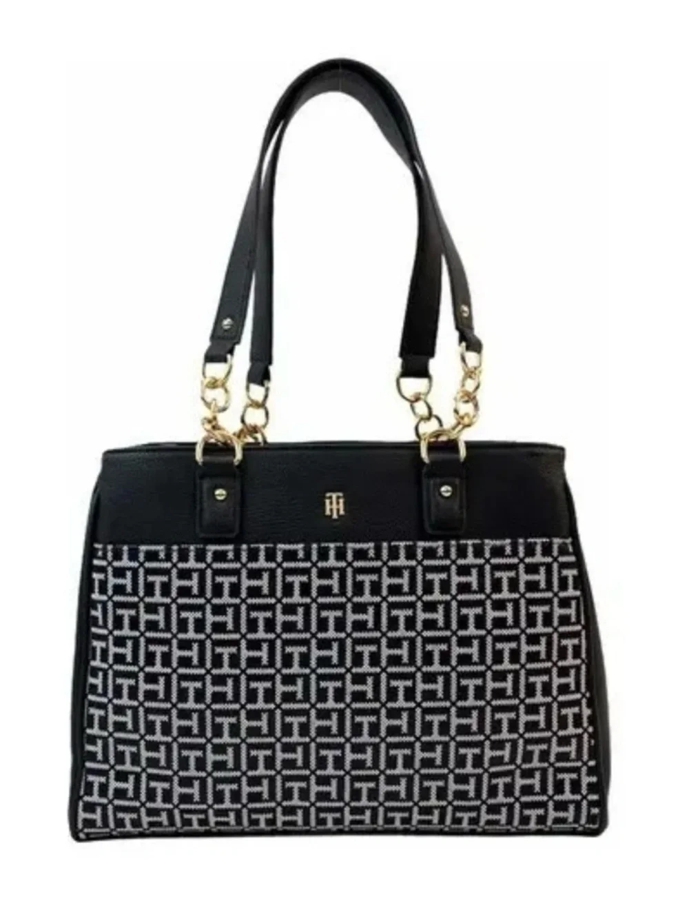 Tommy Hilfiger Black and White Tote Bag Patterned Women's Gold Hardware